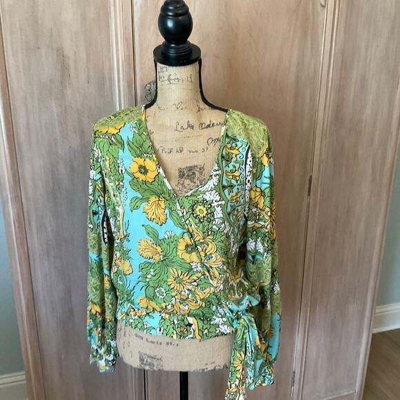 ANTHROPOLOGIE TINY BRAND Long sleeve v-neck wrap look blouse boho retro 70’s L - Picture 2 of 15